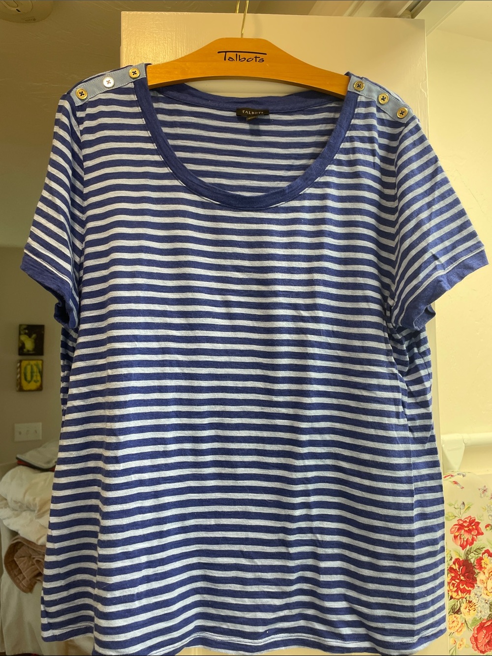Talbots Royal and Light Blue Striped Shoulder-Button Tee
